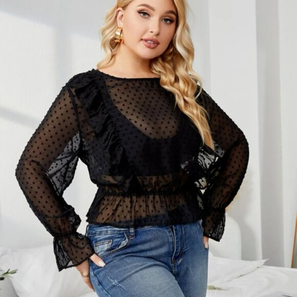 Black Sheer Swiss Dot Ruffle Trim Flounce Sleeve Top - Picture 1 of 13